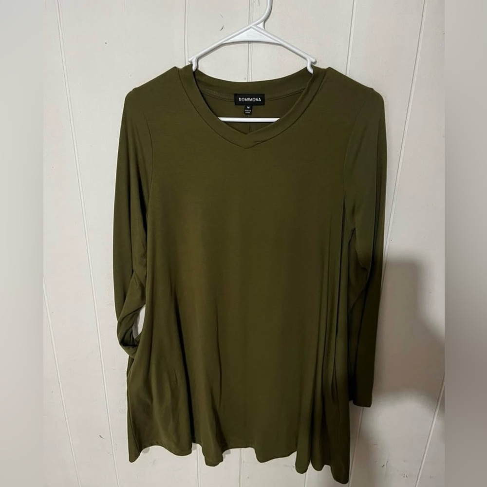 ROMWE Khaki Long Sleeve V-Neck Dress with pockets